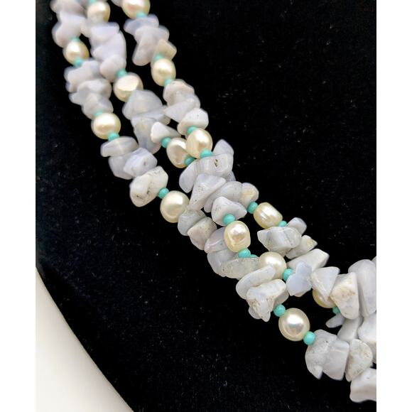 Light Blue Gemstone Freshwater Pearl Multi-Strand Necklace Sterling Silver 925 - Picture 2 of 10